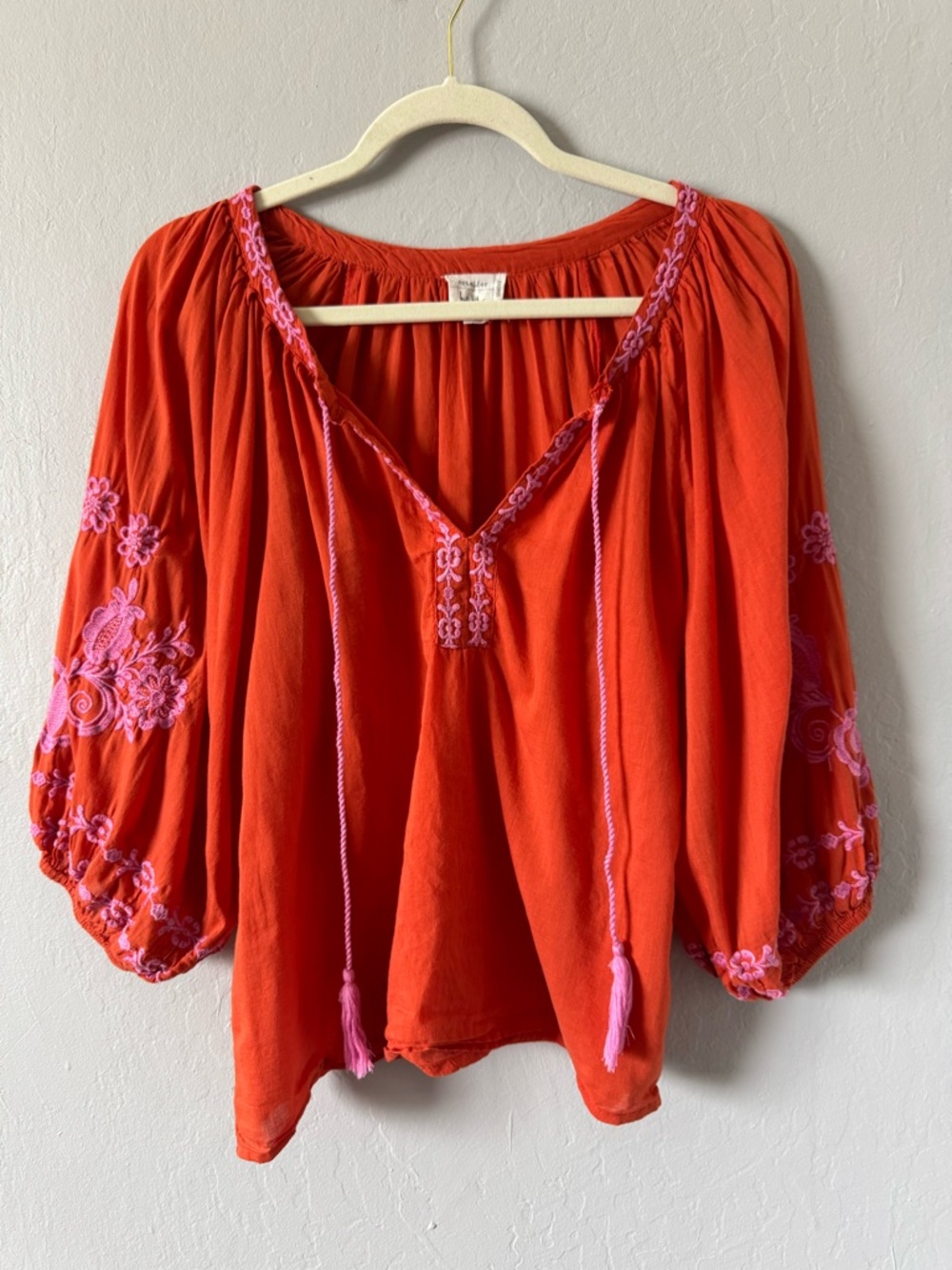Nicole Miller Artelier Boho Orange Peasant Blouse w/ Pink Embroidery/Accents XS